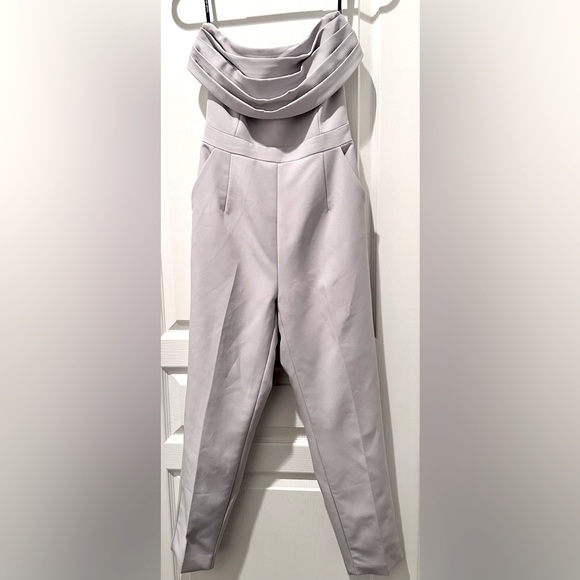 Lavish Alice Pleated Cowl Bandeau Strapless Jumpsuit in Blue Grey - Picture 2 of 11